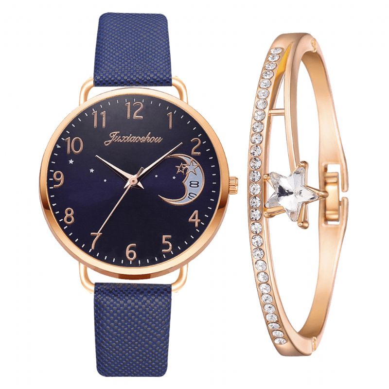 Xr4379 Elegant Luksus 2 Stk Ur Sæt Dame Armbånd Kvarts Ur Moon Starry Dial Læderrem Dame Gave