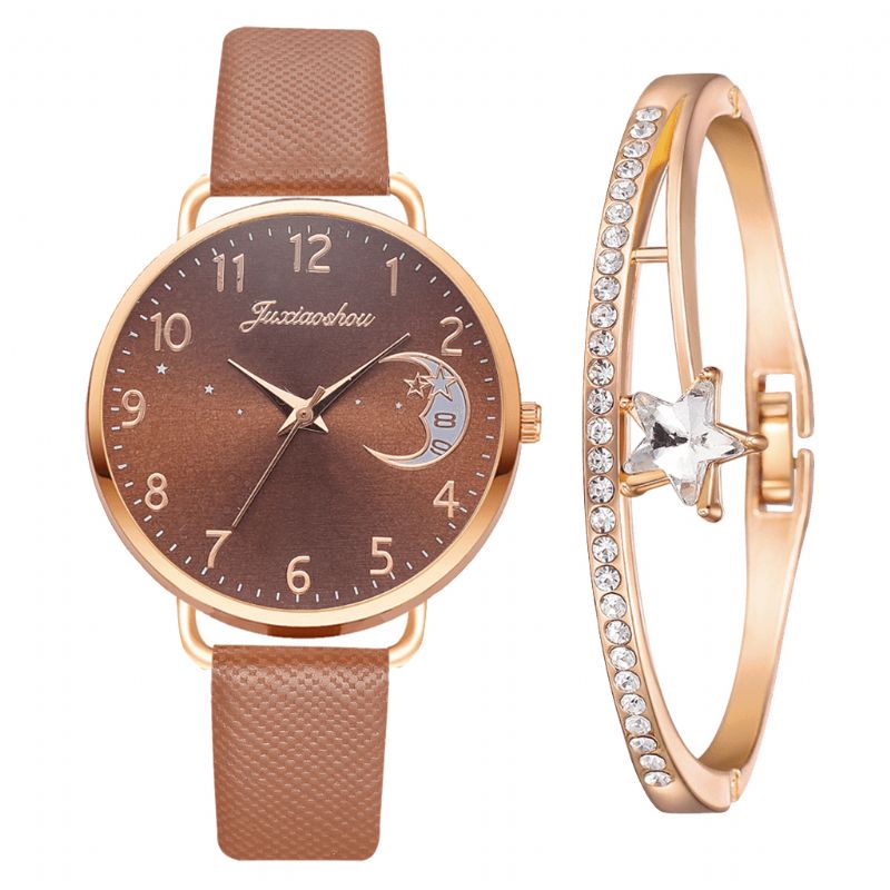 Xr4379 Elegant Luksus 2 Stk Ur Sæt Dame Armbånd Kvarts Ur Moon Starry Dial Læderrem Dame Gave