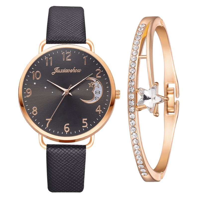 Xr4379 Elegant Luksus 2 Stk Ur Sæt Dame Armbånd Kvarts Ur Moon Starry Dial Læderrem Dame Gave