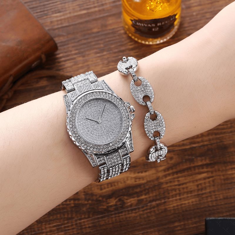 Xsvo 3 Stk Fuld Diamant Stålbånd Hip Hop Temperament Quartz ur Rhinestone Armbånd Halskæde Sæt