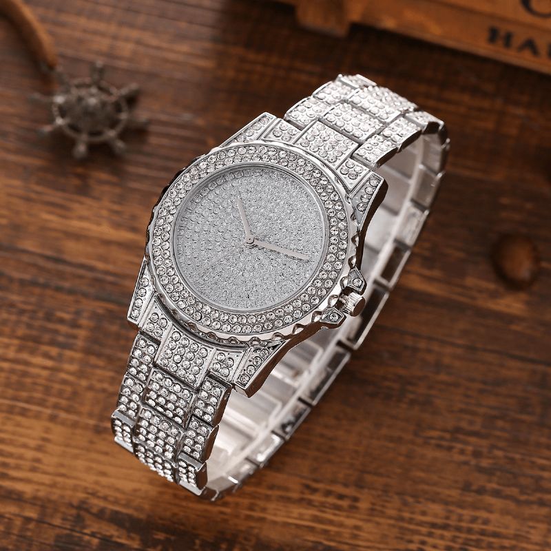 Xsvo 3 Stk Fuld Diamant Stålbånd Hip Hop Temperament Quartz ur Rhinestone Armbånd Halskæde Sæt