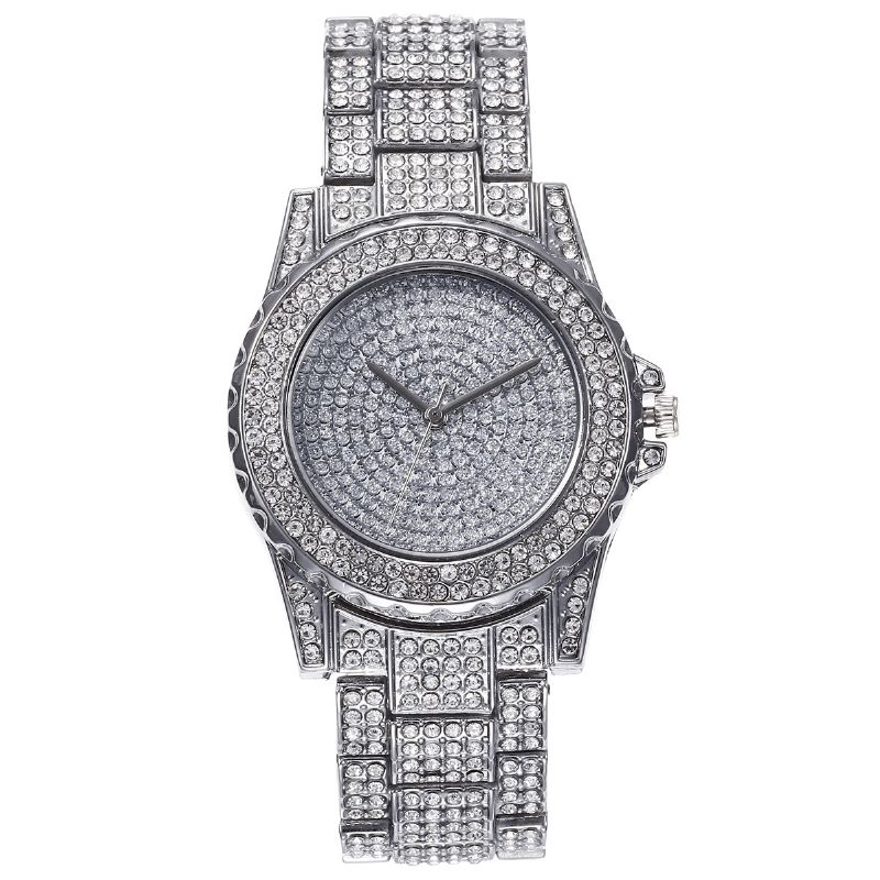 Xsvo 3 Stk Fuld Diamant Stålbånd Hip Hop Temperament Quartz ur Rhinestone Armbånd Halskæde Sæt