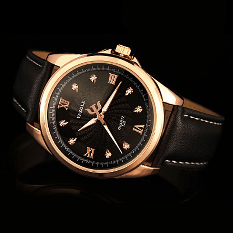 Yazole 325 Mænd Crystal Rose Gold Case Læder Band Lysende Display Quartz ur