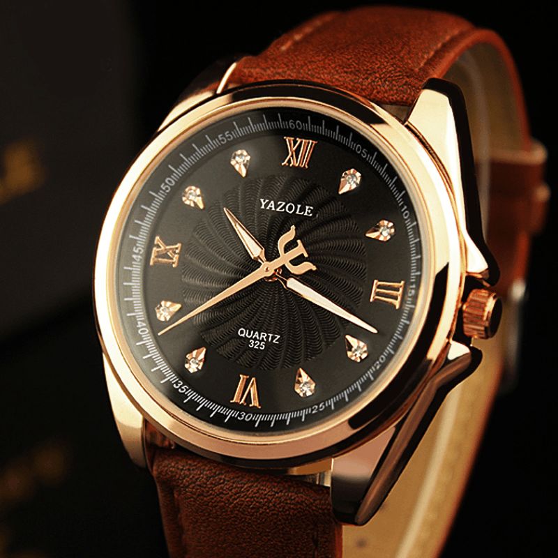 Yazole 325 Mænd Crystal Rose Gold Case Læder Band Lysende Display Quartz ur