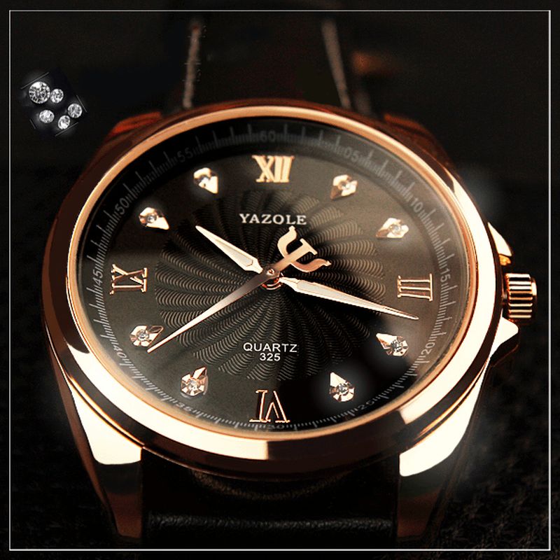 Yazole 325 Mænd Crystal Rose Gold Case Læder Band Lysende Display Quartz ur