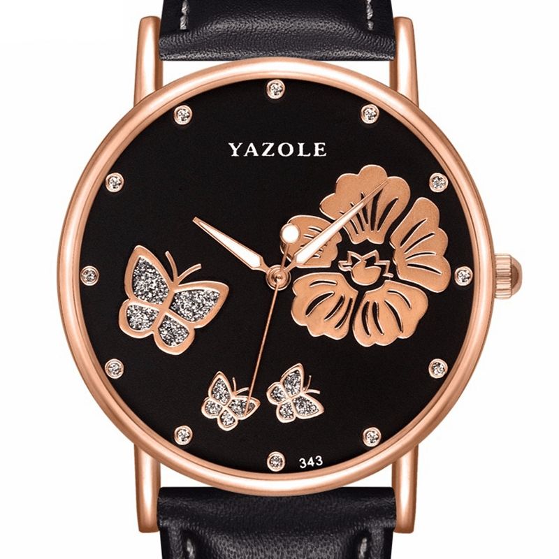 Yazole 343 Crystal Elegant Design Dame Armbåndsur Læder Band Quartz ur