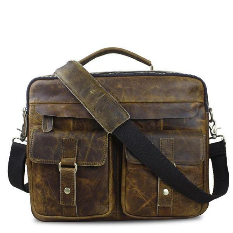 Ægte Læder Sling Briefcase Vintage Håndtaske Dual Use Messenger Bag Til Mænd