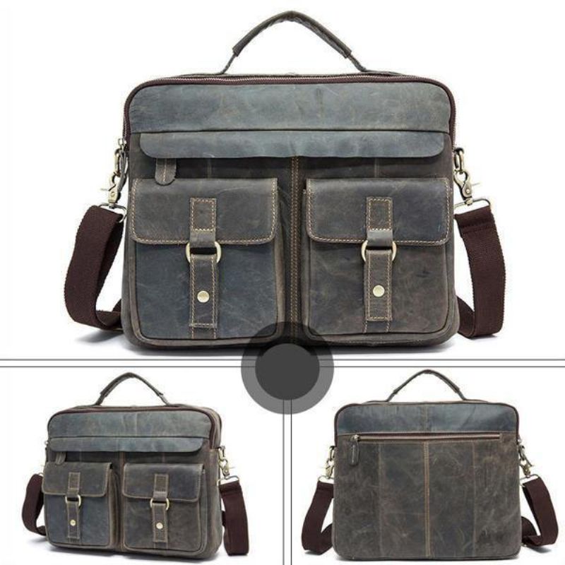 Ægte Læder Sling Briefcase Vintage Håndtaske Dual Use Messenger Bag Til Mænd