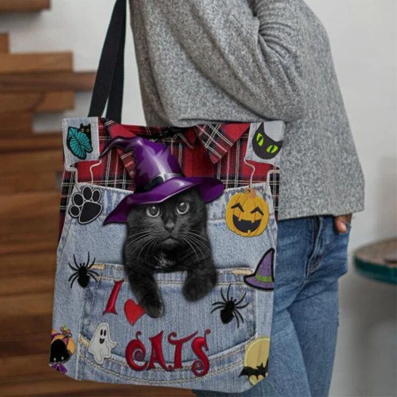 Dame Canvas Magic Hat Tre-Dimensional 3D Cute Black Cat Håndtaske Tote Skuldertaske