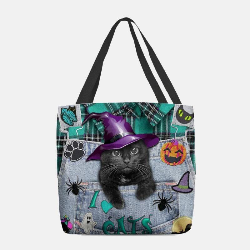 Dame Canvas Magic Hat Tre-Dimensional 3D Cute Black Cat Håndtaske Tote Skuldertaske