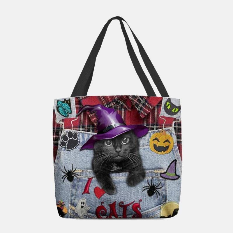 Dame Canvas Magic Hat Tre-Dimensional 3D Cute Black Cat Håndtaske Tote Skuldertaske