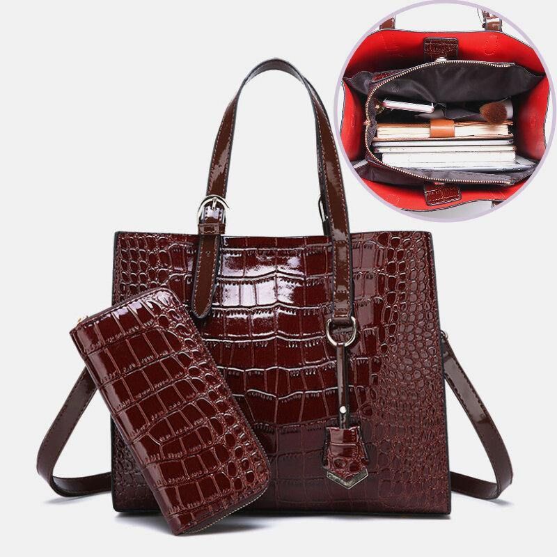 Kvinder 2 Stk Alligator Pu Multi-Lomme Håndtaske Med Stor Kapacitet Crossbody-Taske Tote