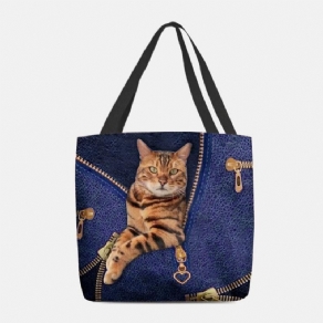 Kvinder Canvas Cute 3D Tre-Dimensional Vision Cat Pattern Skuldertaske Håndtaske Tote