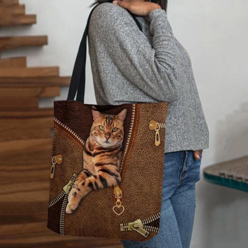 Kvinder Canvas Cute 3D Tre-Dimensional Vision Cat Pattern Skuldertaske Håndtaske Tote