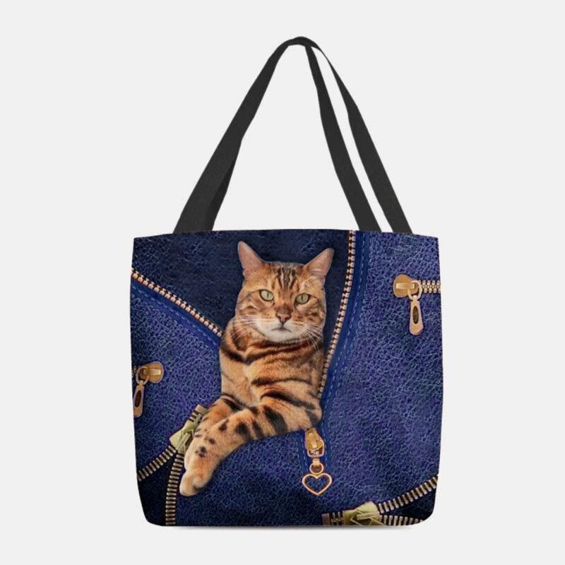 Kvinder Canvas Cute 3D Tre-Dimensional Vision Cat Pattern Skuldertaske Håndtaske Tote