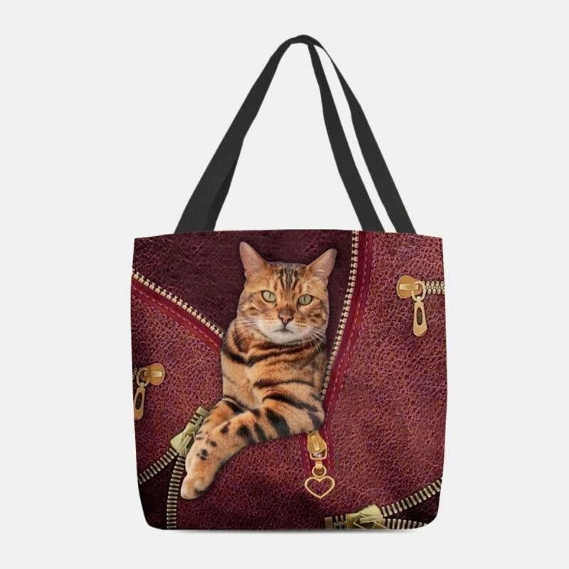 Kvinder Canvas Cute 3D Tre-Dimensional Vision Cat Pattern Skuldertaske Håndtaske Tote