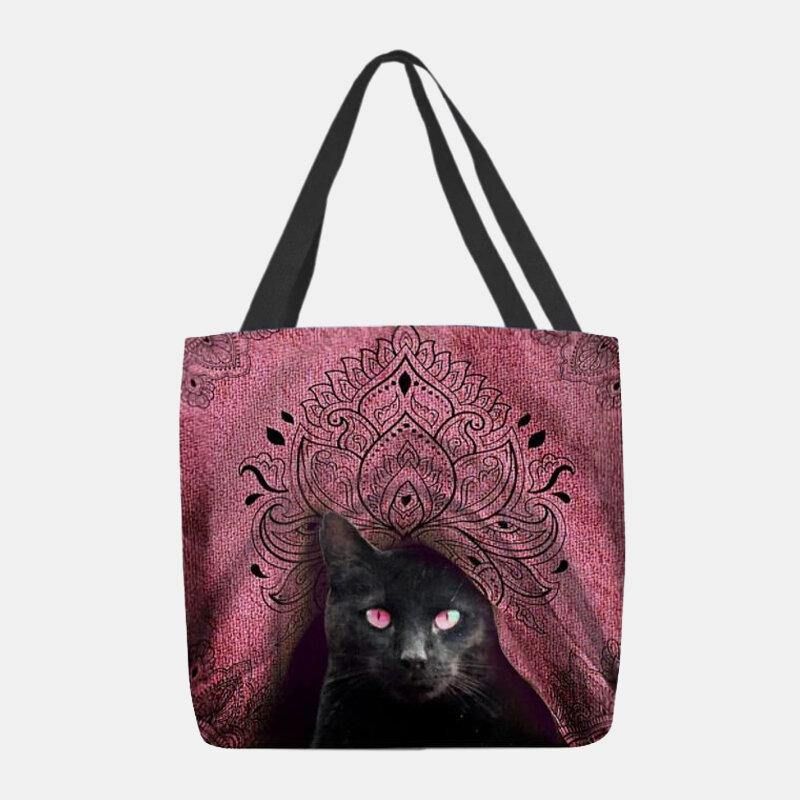 Kvinder Canvas Cute Black Cat Pattern Håndtaske Tote Skuldertaske