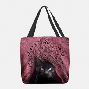 Kvinder Canvas Cute Black Cat Pattern Håndtaske Tote Skuldertaske