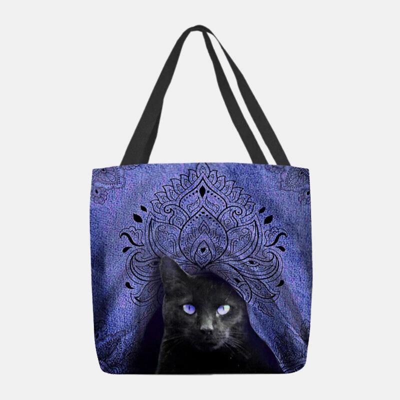 Kvinder Canvas Cute Black Cat Pattern Håndtaske Tote Skuldertaske