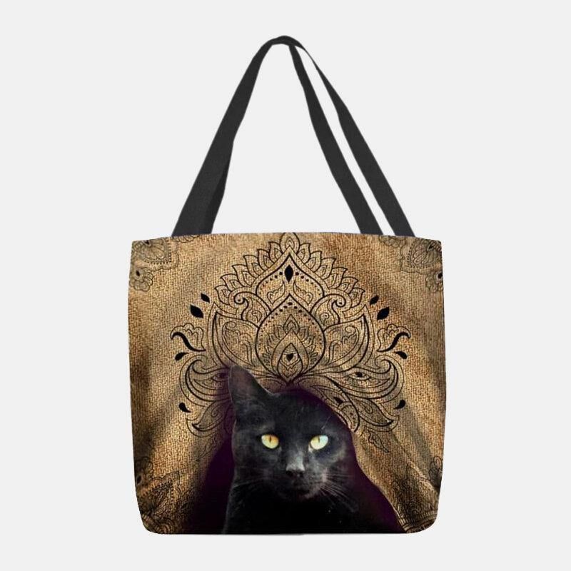 Kvinder Canvas Cute Black Cat Pattern Håndtaske Tote Skuldertaske