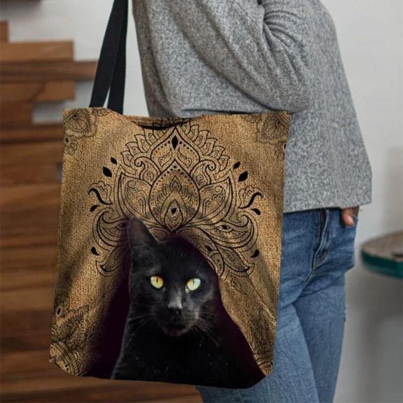 Kvinder Canvas Cute Black Cat Pattern Håndtaske Tote Skuldertaske