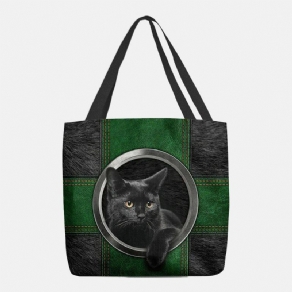 Kvinder Canvas Cute Cartoon Black Cat Print Håndtaske Tote Skuldertaske