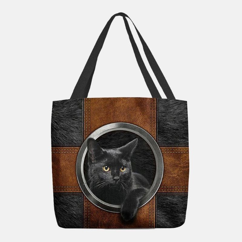 Kvinder Canvas Cute Cartoon Black Cat Print Håndtaske Tote Skuldertaske