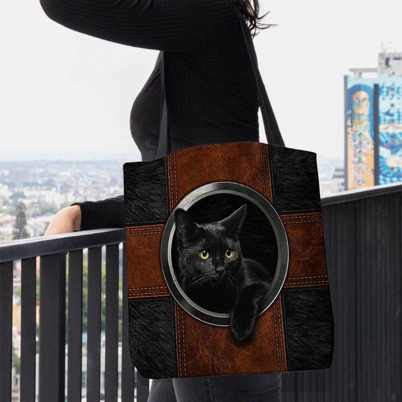 Kvinder Canvas Cute Cartoon Black Cat Print Håndtaske Tote Skuldertaske