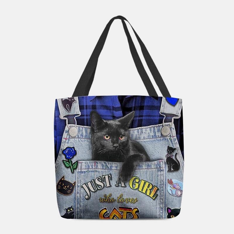 Kvinder Canvas Tre-Dimensional 3D Cute Black Cat Håndtaske Tote Skuldertaske