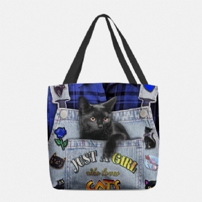 Kvinder Canvas Tre-Dimensional 3D Cute Black Cat Håndtaske Tote Skuldertaske