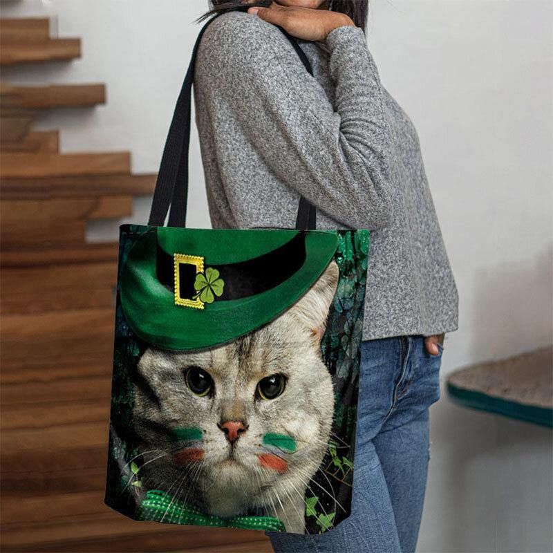 Kvinder Clover Cat Mønster Print Happy St Patrick Day Skuldertaske Håndtaske Tote