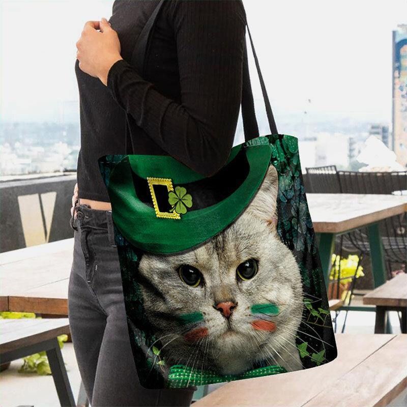 Kvinder Clover Cat Mønster Print Happy St Patrick Day Skuldertaske Håndtaske Tote