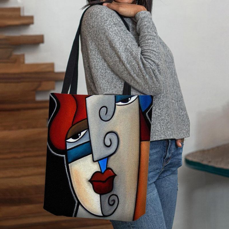 Kvinder Filt Picasso Style Multicolor Tegneserie Figur Print Håndtaske Skuldertaske Tote