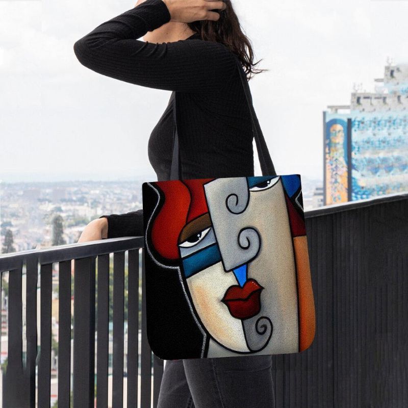 Kvinder Filt Picasso Style Multicolor Tegneserie Figur Print Håndtaske Skuldertaske Tote