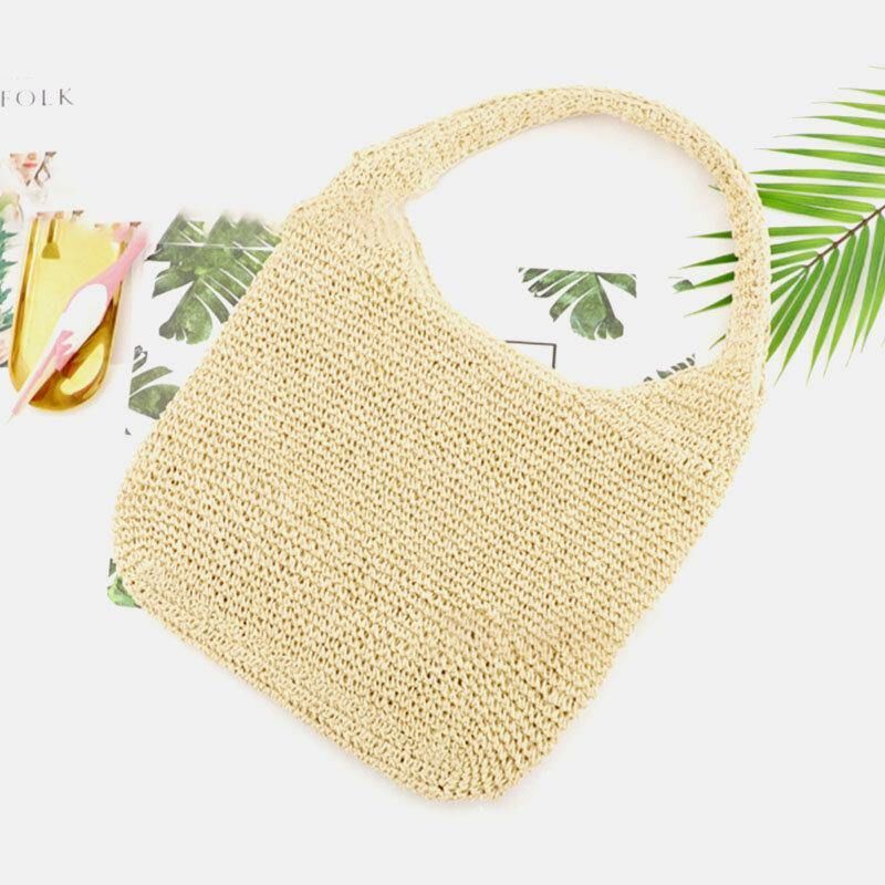 Kvinder Halm Åndbar Simple Mode Beach Bag Tote Skuldertaske Håndtaske