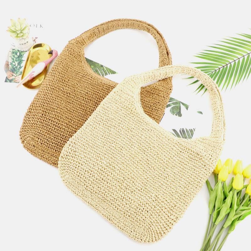 Kvinder Halm Åndbar Simple Mode Beach Bag Tote Skuldertaske Håndtaske