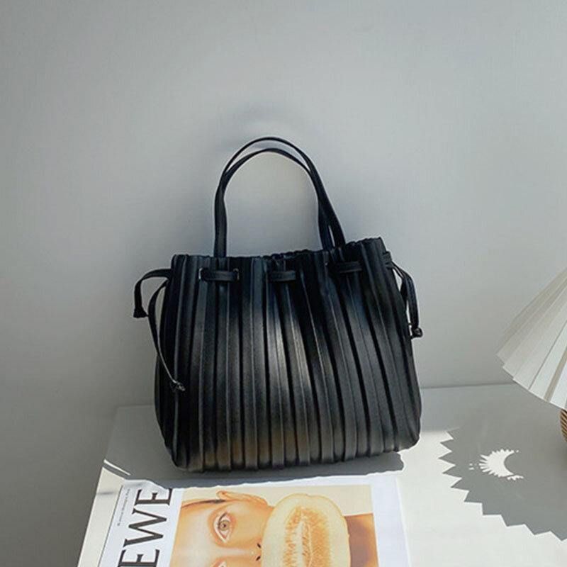 Kvinder Pu Læder Snoretræk Stripe Crossbody Taske Skuldertaske Håndtaske Ruched Bag