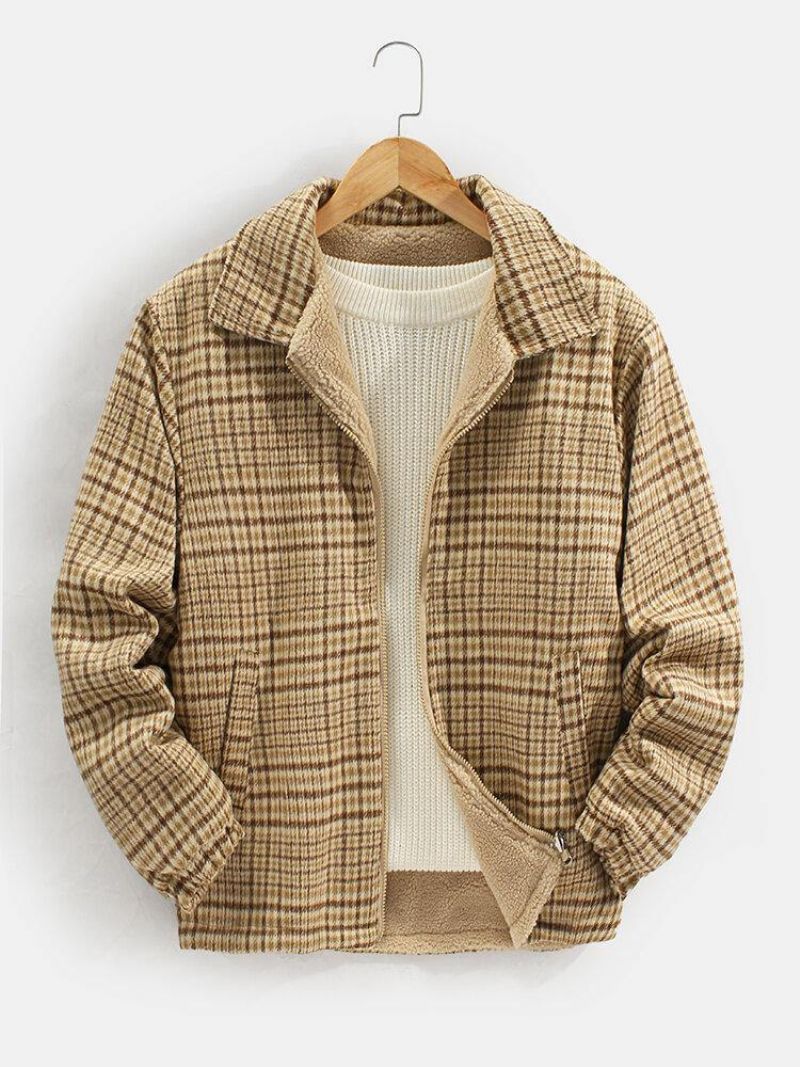 Mænds Plaid Bjørn Brev Broderet Revers Vendbar Fleece Afslappet Jakke