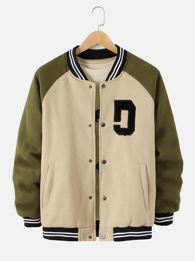 Mænds Vintage Tykke Raglanærmede Knap Casual Løs Varsity-Jakke