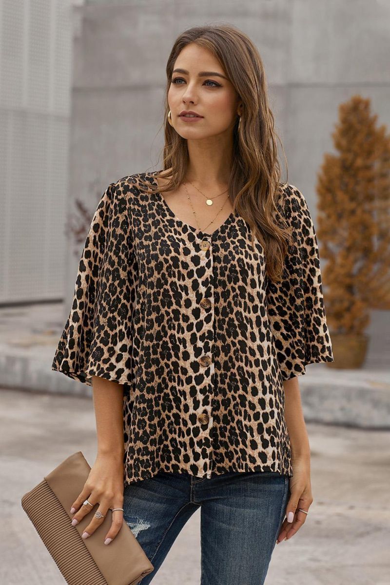 Button Down Bluse Med Leopardprint