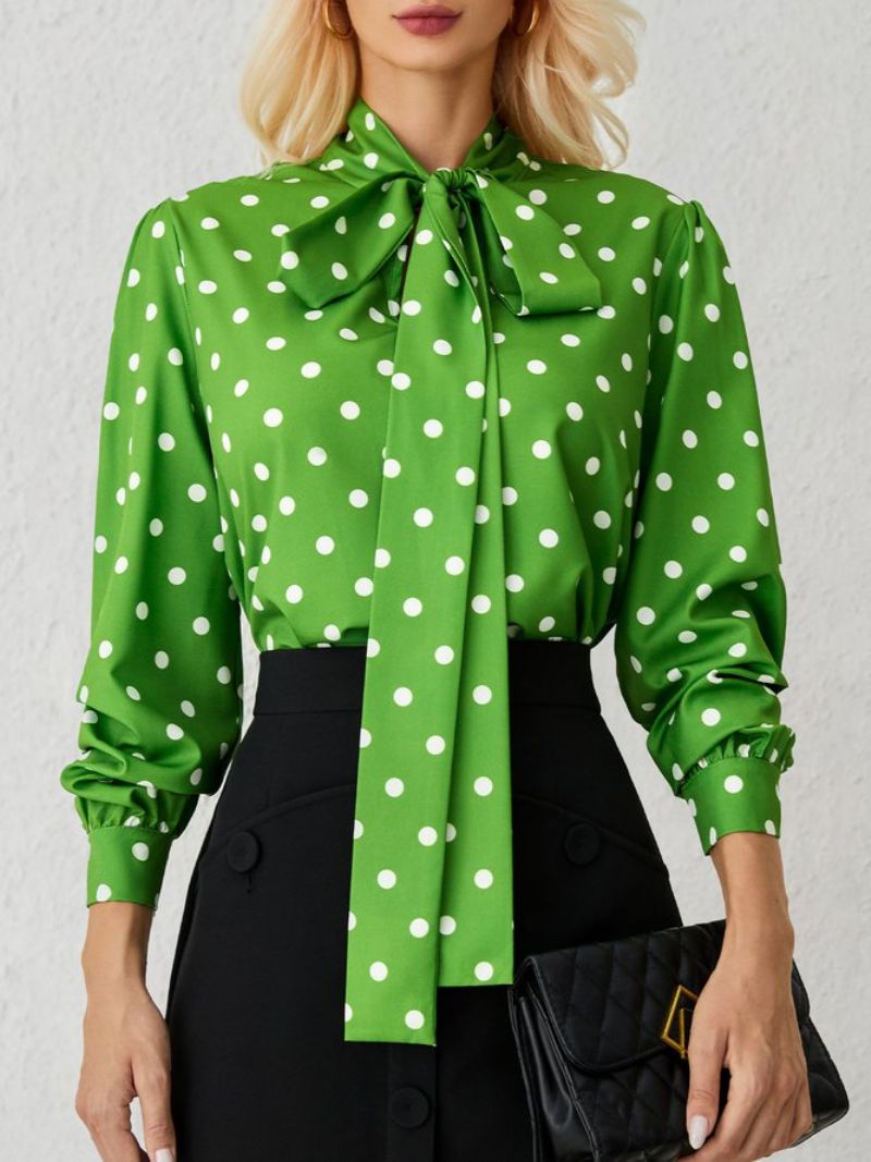 Grønne Løse Polka Dots Langærmede Elegant Stand H-Line Krave Toppe