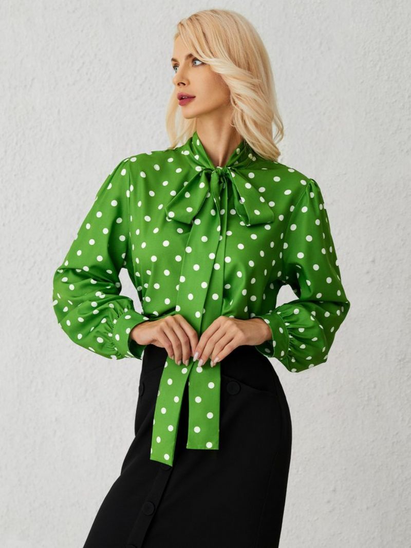 Grønne Løse Polka Dots Langærmede Elegant Stand H-Line Krave Toppe