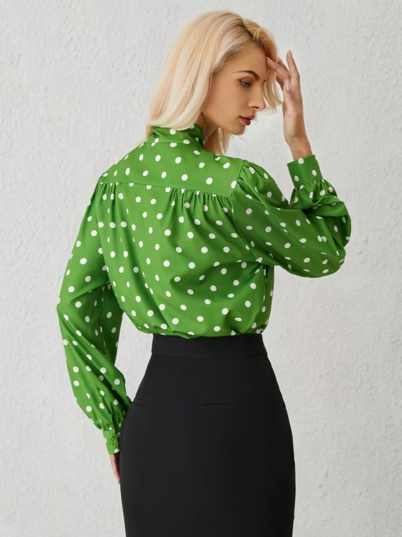 Grønne Løse Polka Dots Langærmede Elegant Stand H-Line Krave Toppe