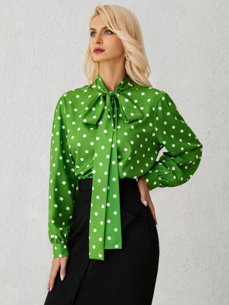 Grønne Løse Polka Dots Langærmede Elegant Stand H-Line Krave Toppe