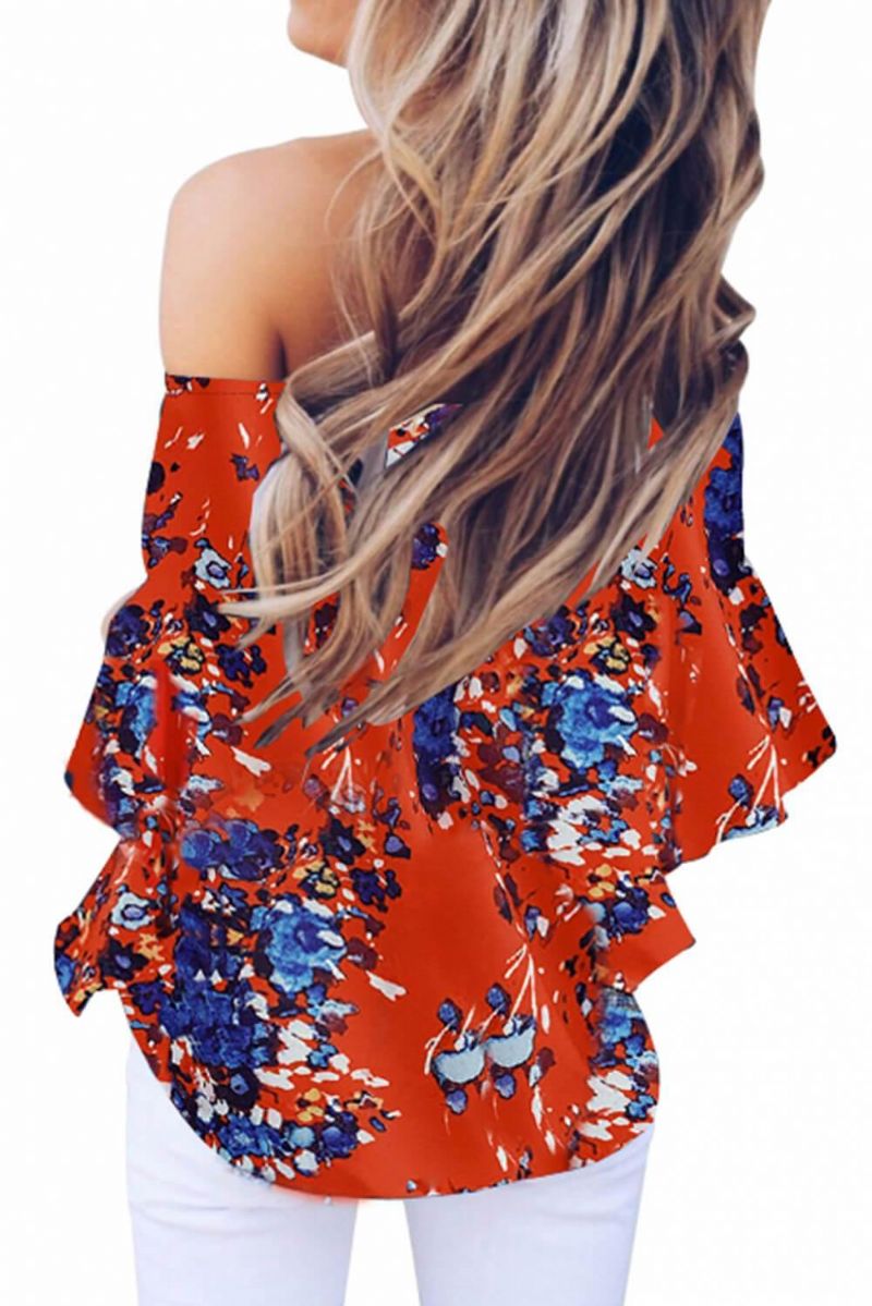 Off Shoulder Floral Tie Front Chiffon Bluse